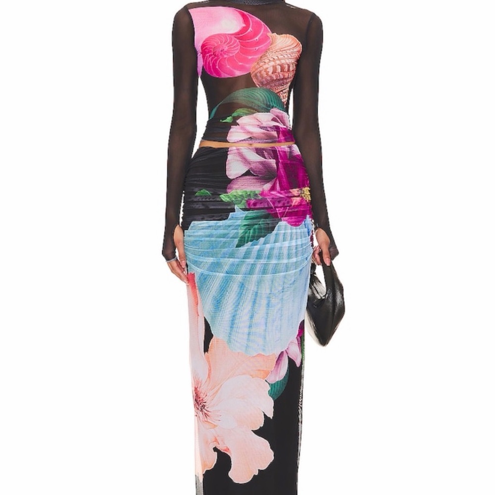 Floral Shell Print Long Sleeve Maxi Dress - Black/Pink AFRM two piece